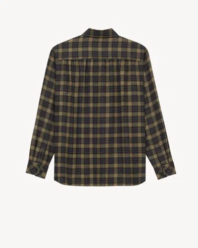 Saint Laurent Embroidered Overshirt In Wool Check In Gray