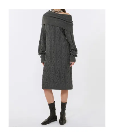 Max Mara Cable-knit Off-shoulder Midi Dress In Gray