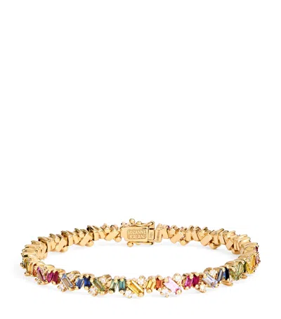 Suzanne Kalan Yellow Gold And Rainbow Sapphire Frenzy Tennis Bracelet In Multi