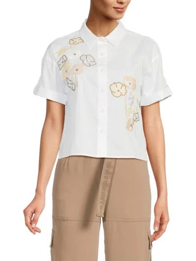 Karl Lagerfeld Women's Embroidered Floral Camp Shirt In White