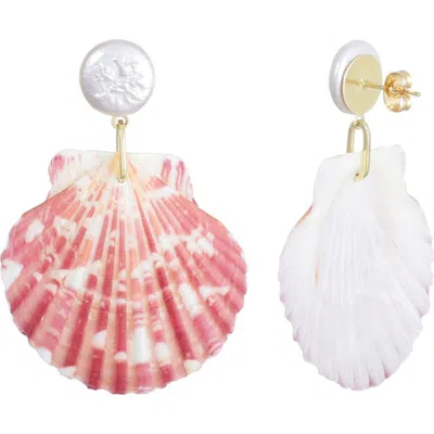 Adornia Pink Shell And Shell Pearl 2-drop Earrings In Pink