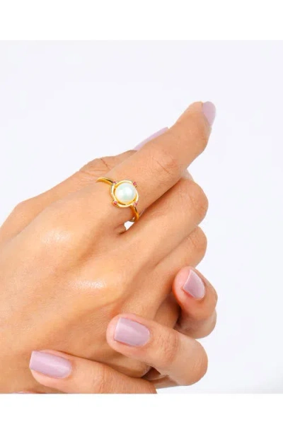 Ys Gems Cultured Pearl & Ruby Ring In White