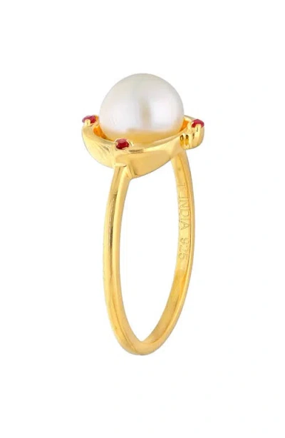 Ys Gems Cultured Pearl & Ruby Ring In White