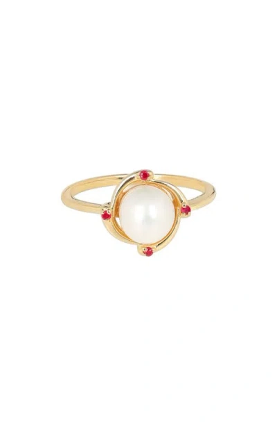 Ys Gems Cultured Pearl & Ruby Ring In White