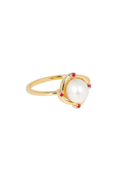 Ys Gems Cultured Pearl & Ruby Ring In White