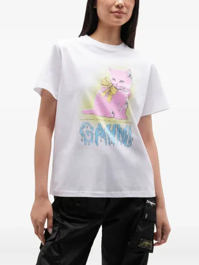 Ganni Neon Kitty Bright White T-shirt In White
