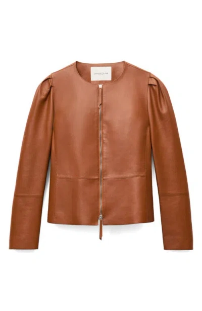Lafayette 148 New York Puff Shoulder Lambskin Leather Jacket In Brown