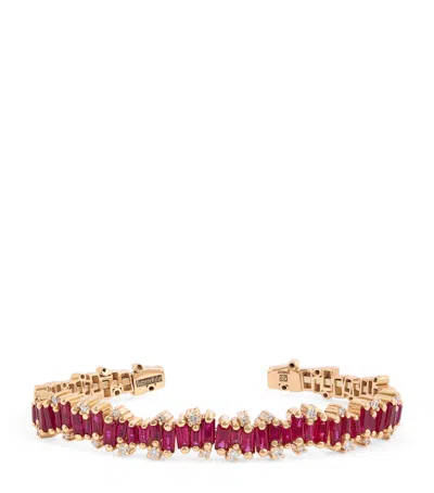 Suzanne Kalan Small Rose Gold, Ruby And Diamond Shimmer Audrey Bangle In Gold