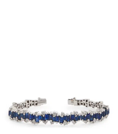 Suzanne Kalan Small White Gold, Sapphire And Diamond Shimmer Audrey Bangle In Blue