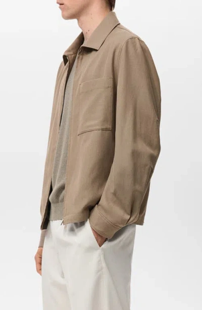Mango Cotton Blend Zip Through Lightweight Jacket In Brown