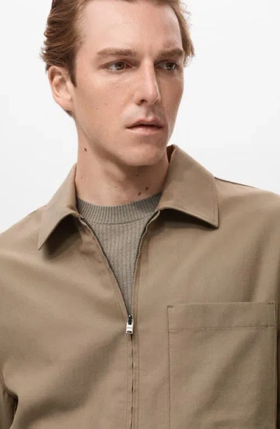 Mango Cotton Blend Zip Through Lightweight Jacket In Brown