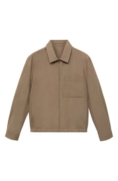 Mango Cotton Blend Zip Through Lightweight Jacket In Brown