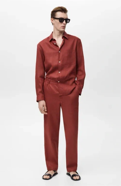 Mango Men's Elastic Waistband Linen Pants In Burgundy