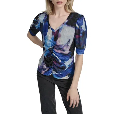 Dkny Women's Printed Puff-sleeve Ruched Top In Blue