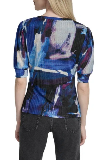 Dkny Women's Printed Puff-sleeve Ruched Top In Blue