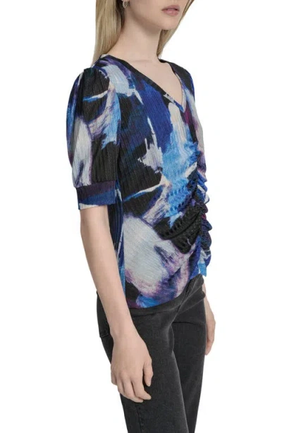 Dkny Women's Printed Puff-sleeve Ruched Top In Blue