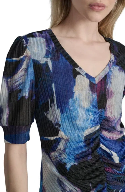 Dkny Women's Printed Puff-sleeve Ruched Top In Blue
