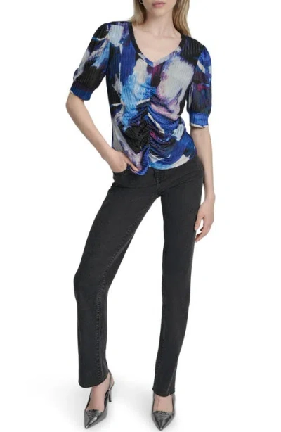 Dkny Women's Printed Puff-sleeve Ruched Top In Blue