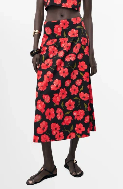 Mango Floral-print Flared Skirt Black In Red