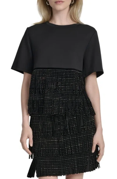 Dkny Women's Studded-fringe Crewneck T-shirt In Black