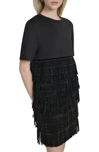 Dkny Women's Studded-fringe Crewneck T-shirt In Black