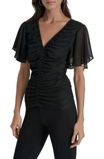 Dkny Women's Center-ruched Flutter-sleeve Top In Black