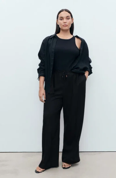 Mango Drawstring Waist Linen Blend Pants In Black