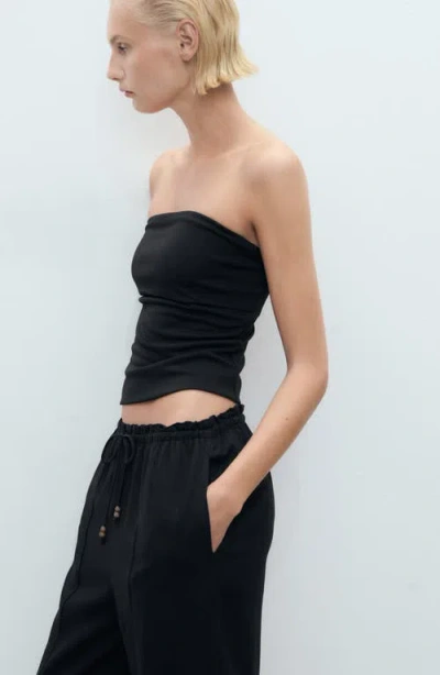 Mango Drawstring Waist Linen Blend Pants In Black