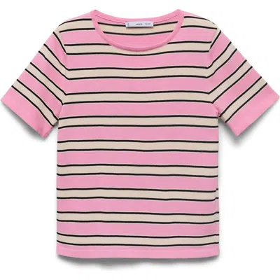 Mango Short-sleeved Sweater With Combined Stripes Pastel Pink In Pink