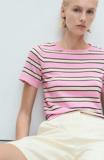 Mango Short-sleeved Sweater With Combined Stripes Pastel Pink In Pink