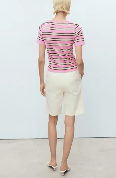 Mango Short-sleeved Sweater With Combined Stripes Pastel Pink In Pink