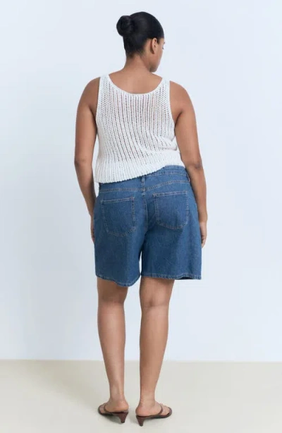 Mango Mid-rise Denim Bermuda Shorts With Pleats Medium Blue In Blue