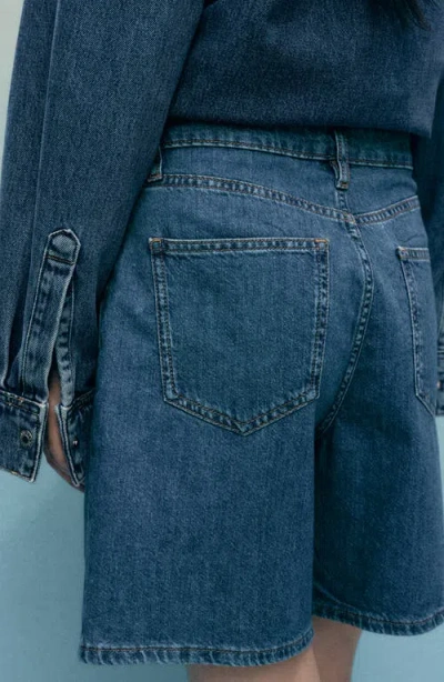 Mango Mid-rise Denim Bermuda Shorts With Pleats Medium Blue In Blue
