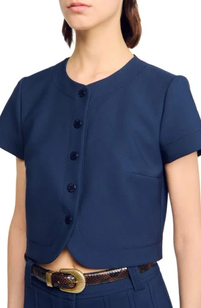 Sandro Rounded Hem Buttoned Crop Top In Blue