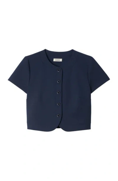 Sandro Rounded Hem Buttoned Crop Top In Blue