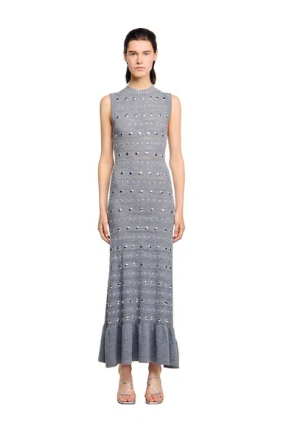 Sandro Womens Grey Studded Ruffled-hem Stretch Pointelle-knit Maxi Dress In Gray