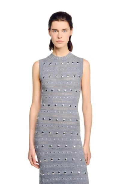 Sandro Womens Grey Studded Ruffled-hem Stretch Pointelle-knit Maxi Dress In Gray