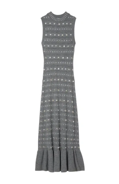 Sandro Womens Grey Studded Ruffled-hem Stretch Pointelle-knit Maxi Dress In Gray