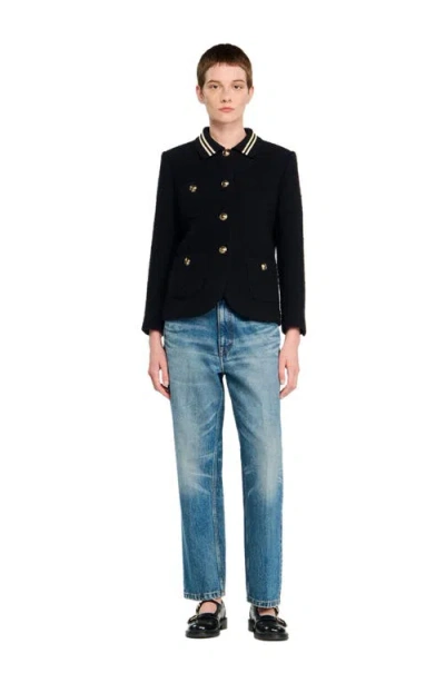 Sandro Womens Black Stripe-collar Tweed Jacket