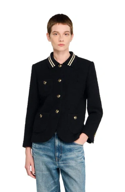Sandro Womens Black Stripe-collar Tweed Jacket