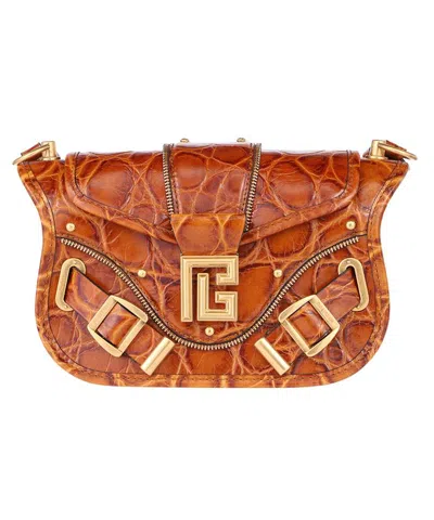 Balmain Leather Shoulder Bag In Brown