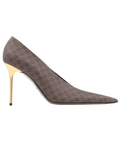 Balmain Monogram-print Pointed-toe Pumps In Brown
