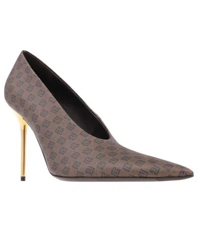 Balmain Monogram-print Pointed-toe Pumps In Brown