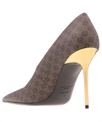 Balmain Monogram-print Pointed-toe Pumps In Brown