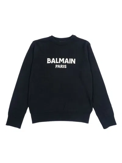 Balmain Logo-plaque Cotton Sweatshirt In Blue