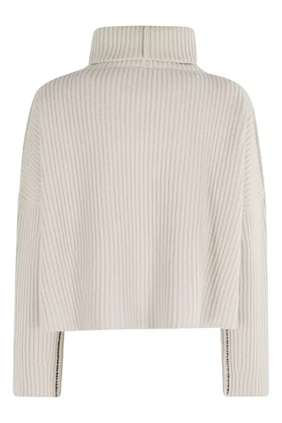 Roberto Collina Turtleneck Sweater With Wide Rib And Contrasting Stitching In Neutral