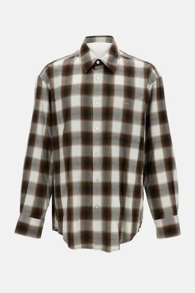 Wooyoungmi Green Shirt With Logo Patch On The Front And All-over Check Motif In Cotton Blend Man In Neutral