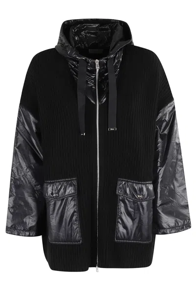 Herno Ribbed Wool Cape With Drawstring Hood And Contrasting Sleeves In Black
