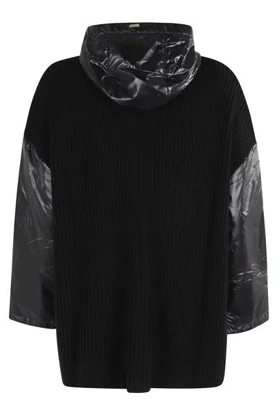 Herno Ribbed Wool Cape With Drawstring Hood And Contrasting Sleeves In Black