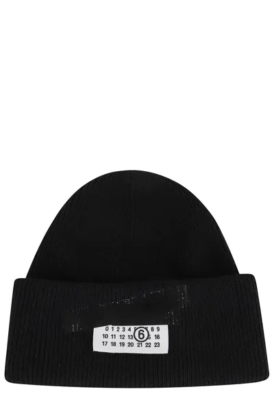 Mm6 Maison Margiela Mm6 By Maison Margiela Ribbed Knit Wool Beanie With Folded Cuff And Label In Black